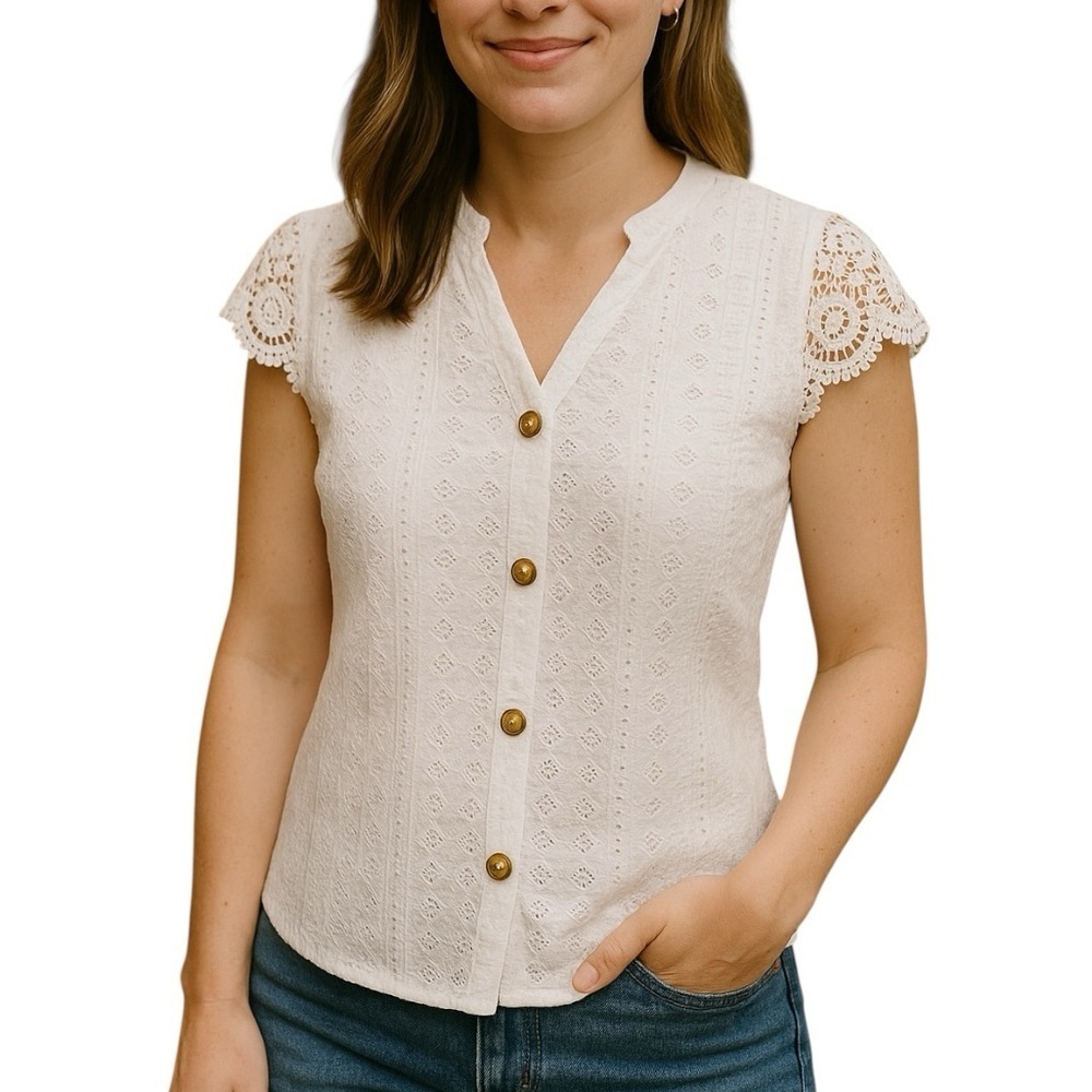 Unbranded Small White Eyelet Button Front Shirt Boho Cottagecore Feminine